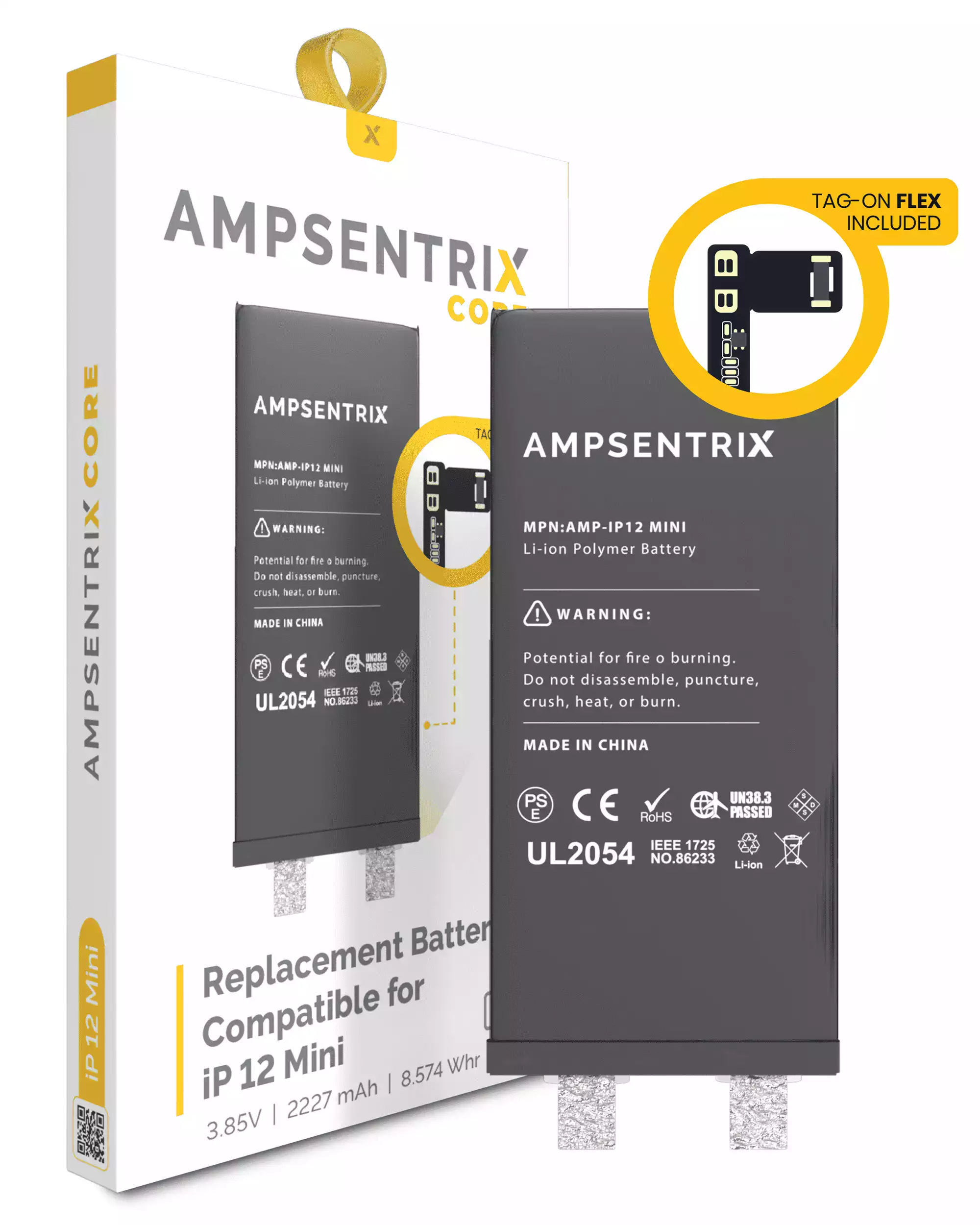 [107082071214] Núcleo de Batería de Repuesto con Flex Universal Tag-On Para iPhone 12 Mini (Requiere Soldadura por Puntos) (AmpSentrix Core)